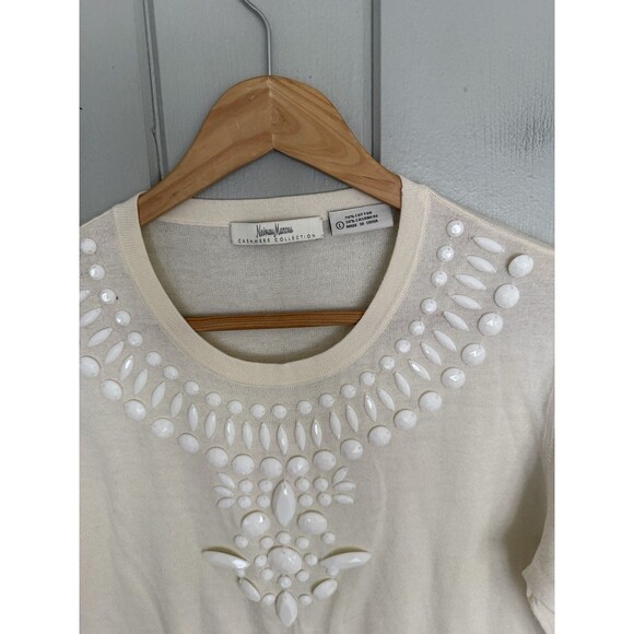 Neiman Marcus Sweater L Large Ivory Cashmere Cotton Blend Rhinestones 3/4 Sleeve - Picture 2 of 3